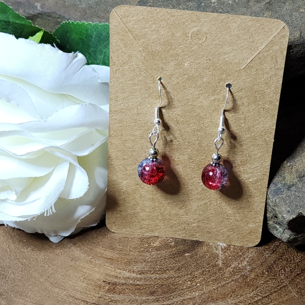 Hand Crafted Dangle Earrings With Red And Blue Crackled Glass And Silver Accents